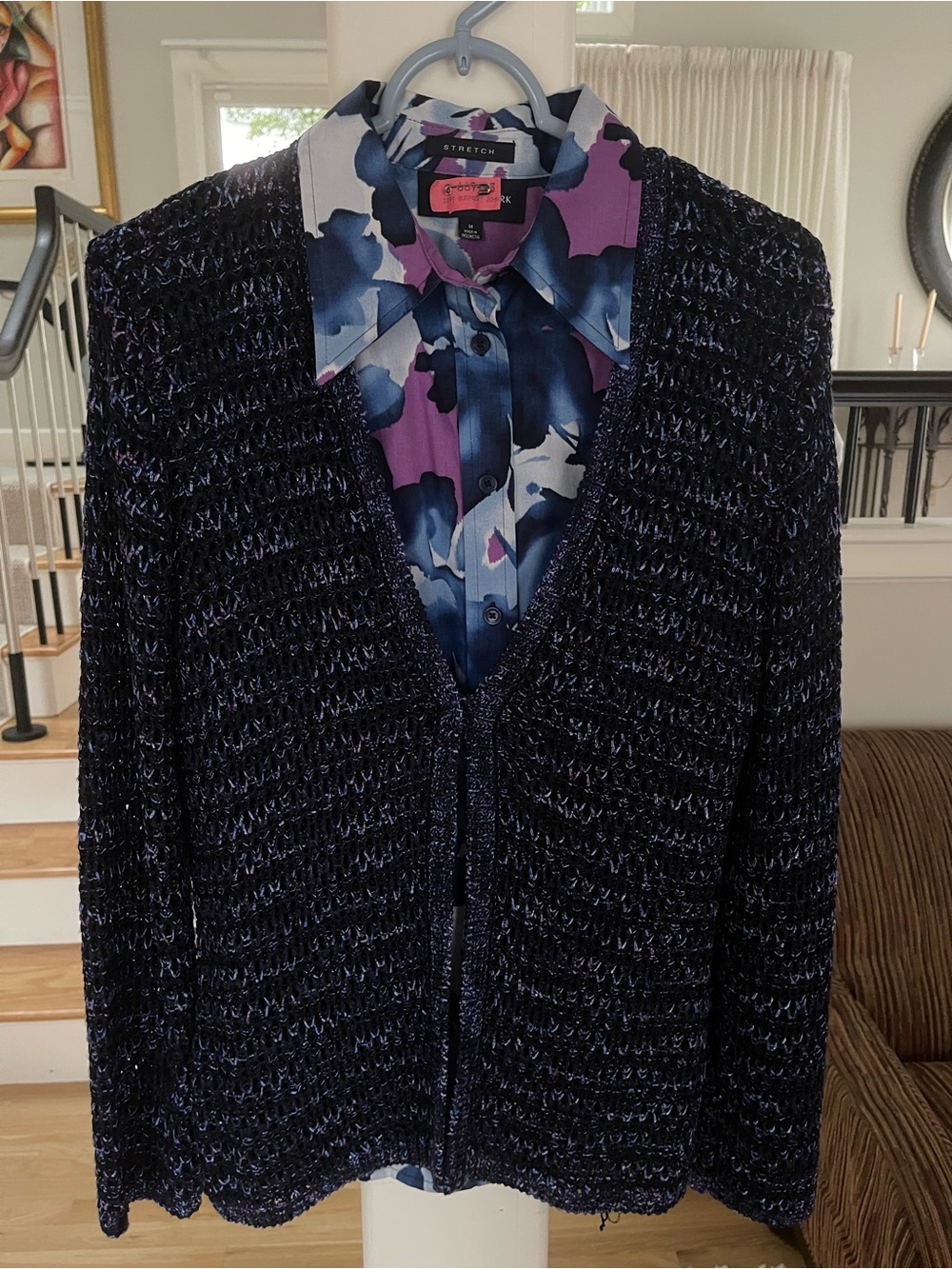 Jones New York Navy & Purple Textured Knit Cardigan with Floral Blouse